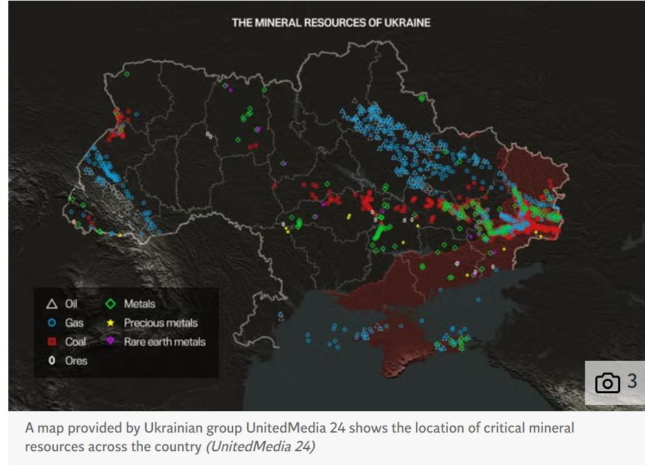A map provided by Ukrainian group UnitedMedia 24 shows the location of critical mineral resources across the country (UnitedMedia 24)